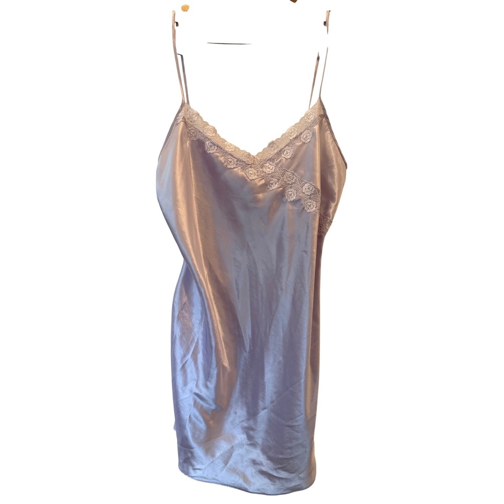 Y2K VTG Delicates Lavender Satin Lace Trim Chemise Nightgown Sleepwear Slipdress